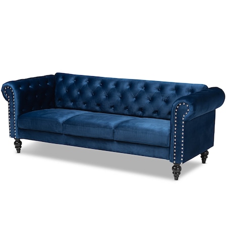 Baxton Studio Emma Navy Blue Velvet Upholstered and Button Tufted Chesterfield Sofa 163-10309